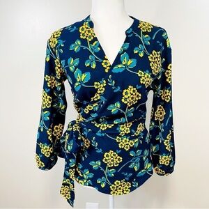 J.CREW Blue & Golden Floral Long Sleeve Tie Wrap Blouse - XS
